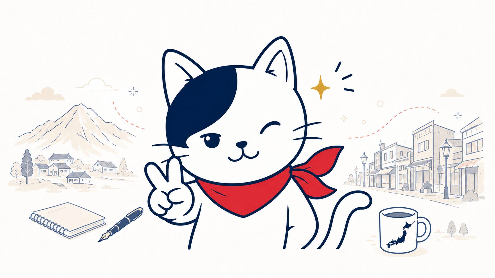 地域IP共創スタジオの看板猫チッピーと地域のイメージ