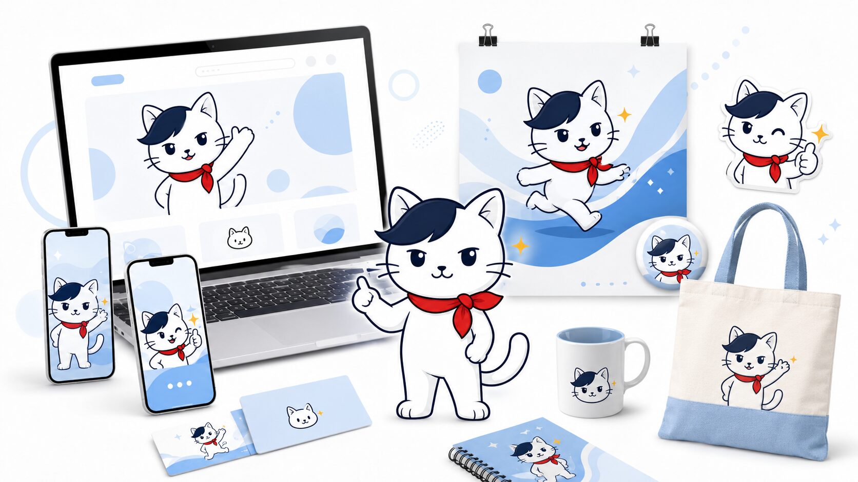 Webサイト、SNS、イベント、資料などで展開していく看板猫チッピーのイメージ