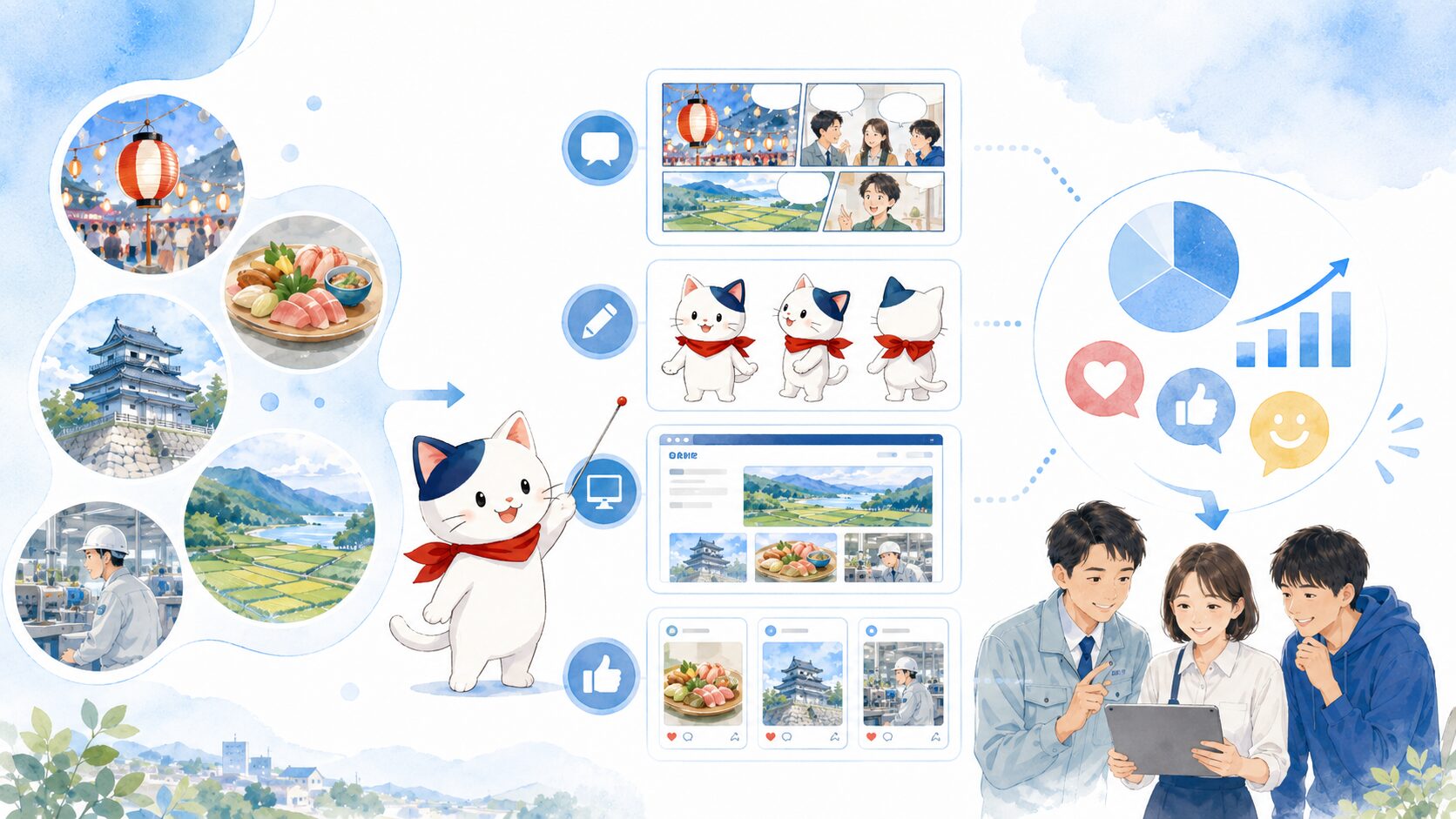 地域資源をマンガやキャラクター、Webで小さく試作するイメージ
