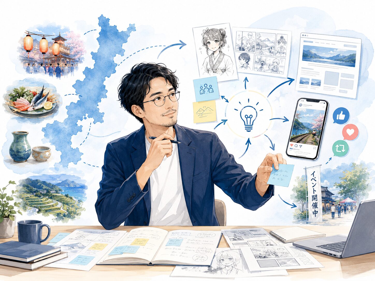 地域IPプロデューサーが地域資源をコンテンツ化し、WebやSNS、イベントへ展開するイメージ