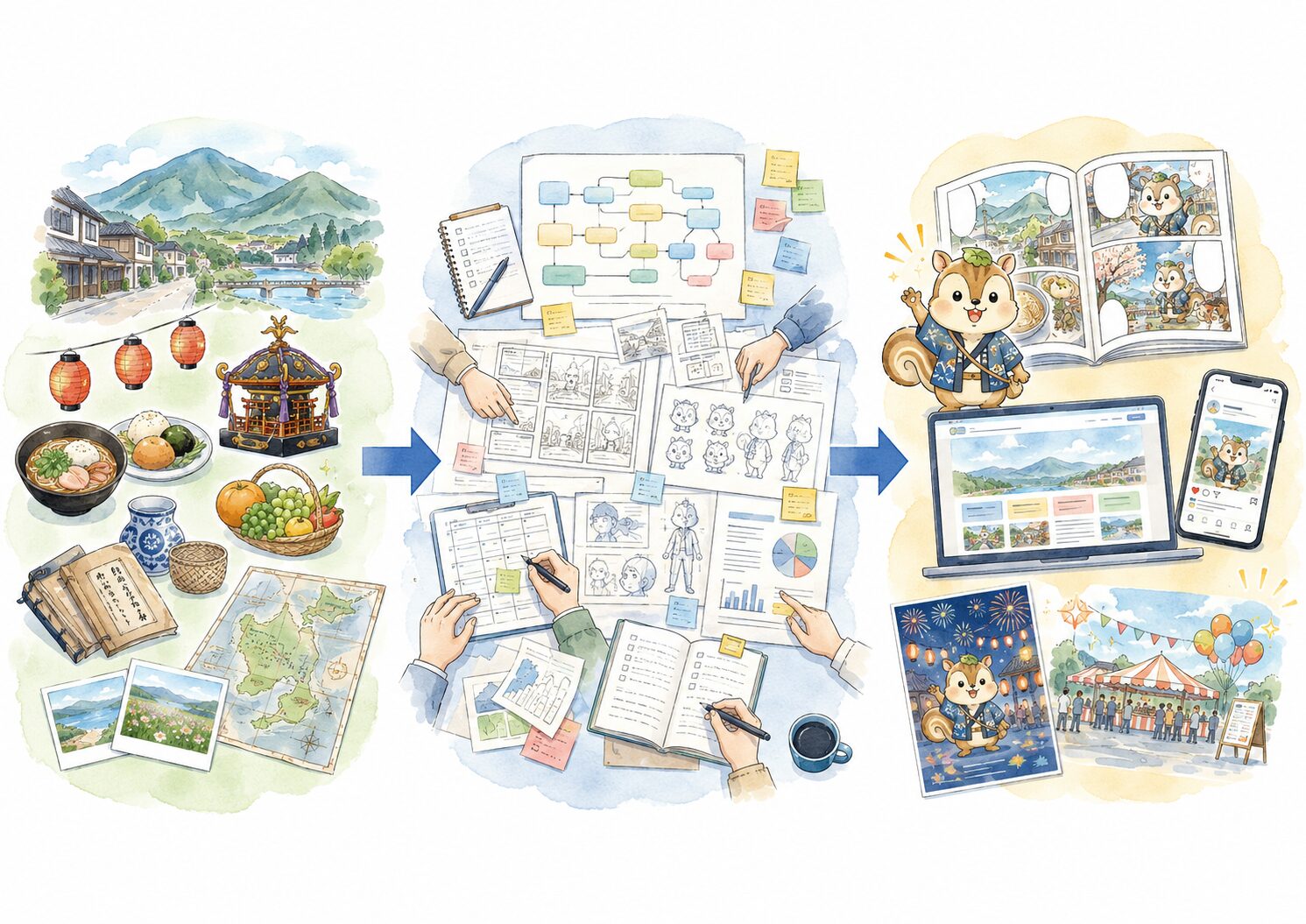 地域資源を整理し、キャラクター、マンガ、Web、SNS、イベントへ展開する流れのイメージ